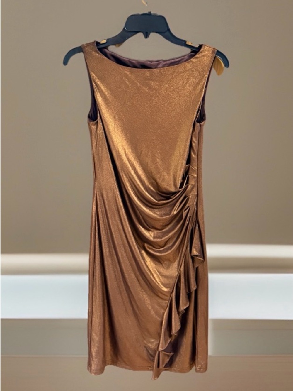 NwoT Simon Chang Women’s Metallic Bronze Sleeveless Draped Midi Dress-4